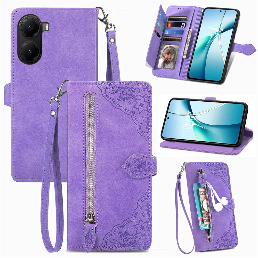 For Xiaomi Poco X7 Pro 5G Zipper Wallet Case with Strap Flower Imprint PU Leather Phone Cover