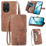 For Huawei nova 13 Pro 5G Zipper Wallet Case with Strap Flower Imprint PU Leather Phone Cover