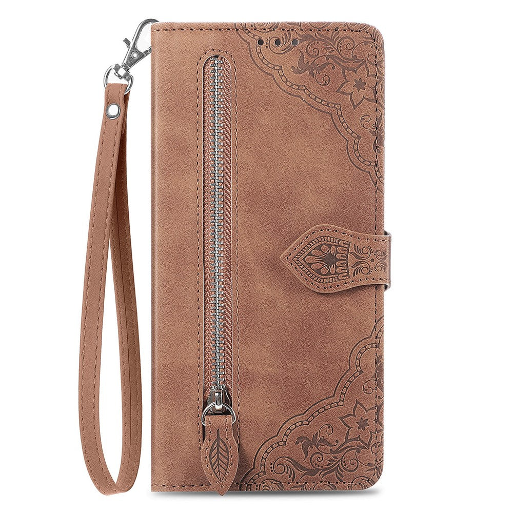 For Huawei nova 13 Pro 5G Zipper Wallet Case with Strap Flower Imprint PU Leather Phone Cover