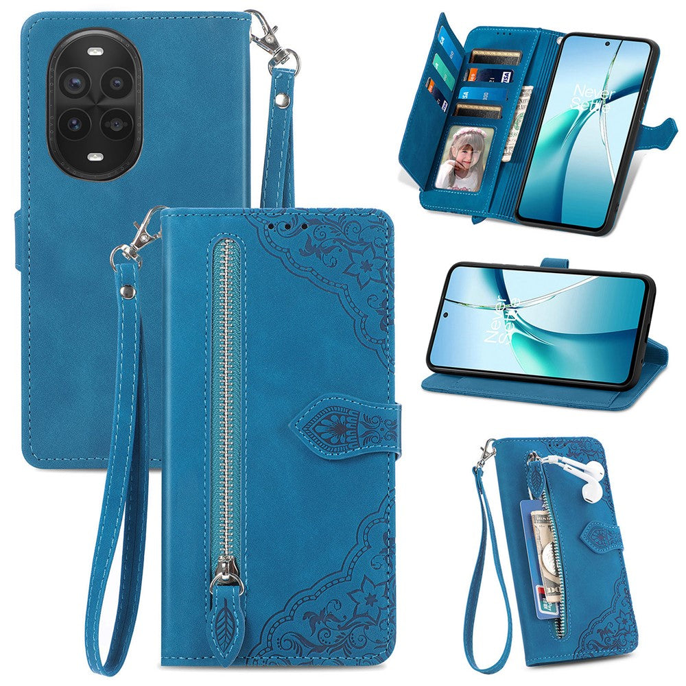 For Huawei nova 13 Pro 5G Zipper Wallet Case with Strap Flower Imprint PU Leather Phone Cover