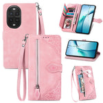 For Huawei nova 13 Pro 5G Zipper Wallet Case with Strap Flower Imprint PU Leather Phone Cover