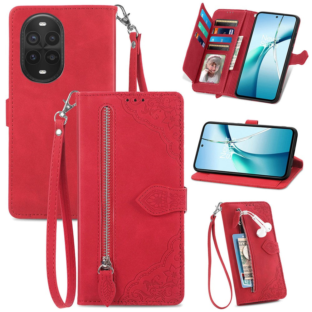 For Huawei nova 13 Pro 5G Zipper Wallet Case with Strap Flower Imprint PU Leather Phone Cover