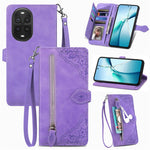 For Huawei nova 13 Pro 5G Zipper Wallet Case with Strap Flower Imprint PU Leather Phone Cover
