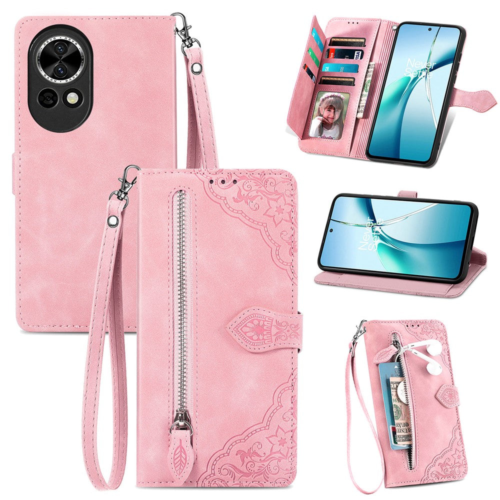 For Huawei nova 13 5G Zipper Wallet Case with Strap Flower Imprint PU Leather Phone Cover