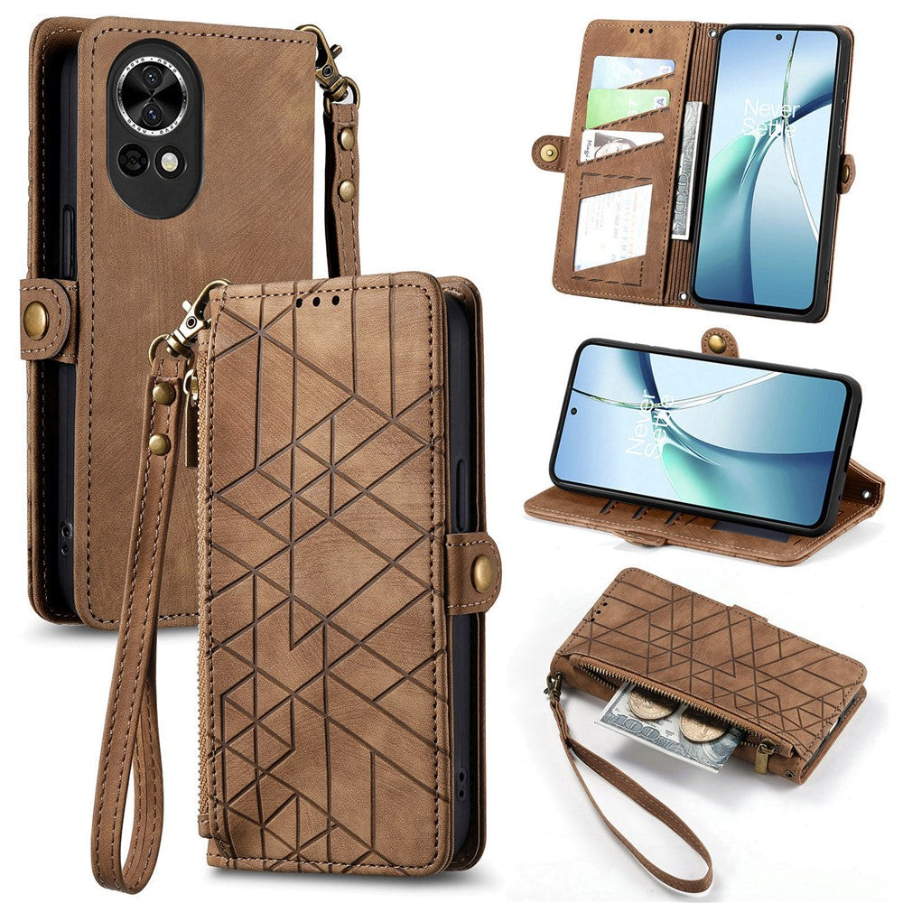 For Huawei nova 13 5G Zipper Wallet Case Geometry Lines Leather Phone Cover with Strap
