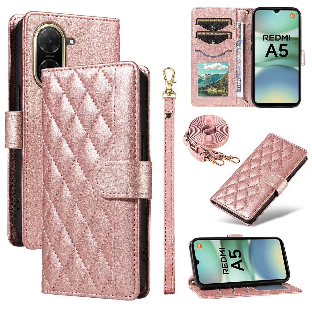 For Xiaomi Redmi A5 NFC (EU) (173.45mm) Wallet Case Rhombus Leather Phone Cover with Strap