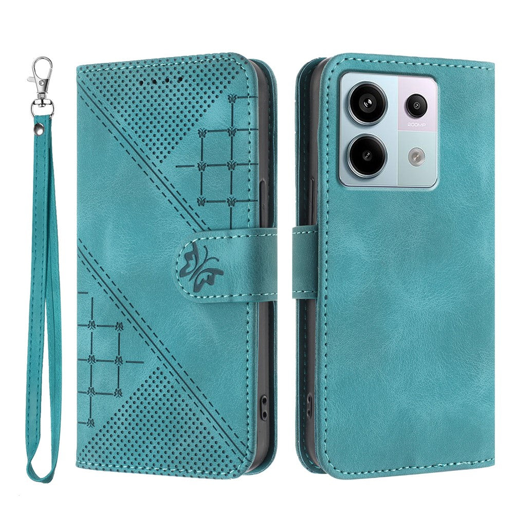For Xiaomi Poco X6 5G / Xiaomi Redmi Note 13 Pro 5G Leather Wallet Case Butterfly Flower Imprinted Phone Cover with Strap