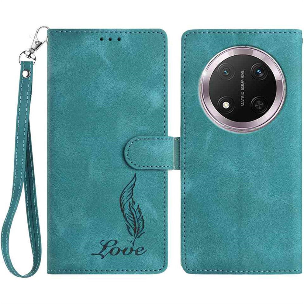 For Honor Magic7 Lite 5G / X9c 5G / X60 Pro 5G Case Imprinted Feather PU Leather Wallet Phone Cover with Wrist Strap