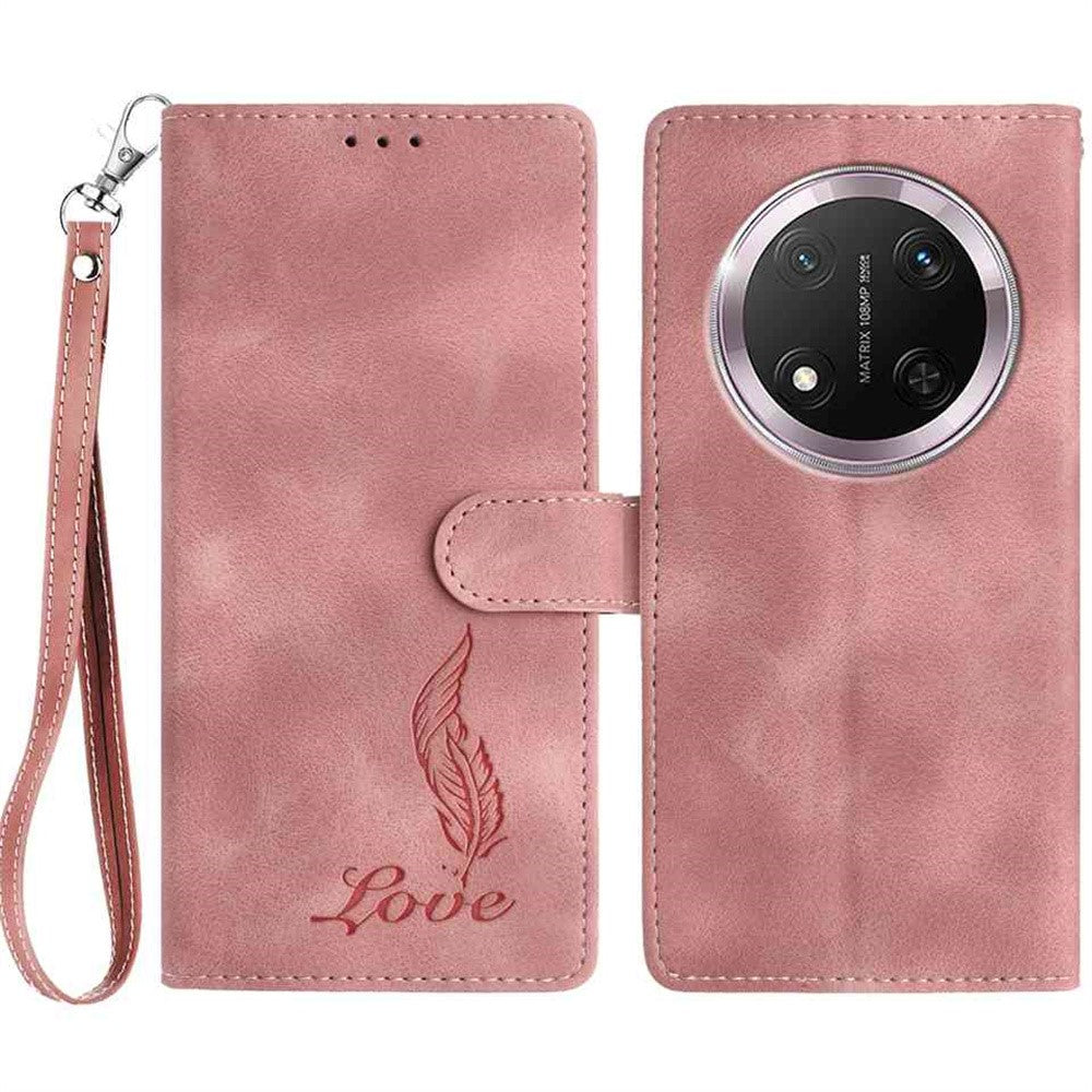 For Honor Magic7 Lite 5G / X9c 5G / X60 Pro 5G Case Imprinted Feather PU Leather Wallet Phone Cover with Wrist Strap