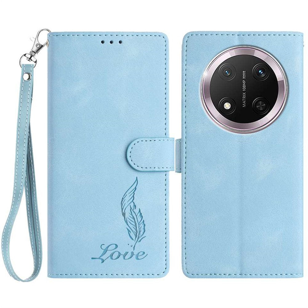 For Honor Magic7 Lite 5G / X9c 5G / X60 Pro 5G Case Imprinted Feather PU Leather Wallet Phone Cover with Wrist Strap