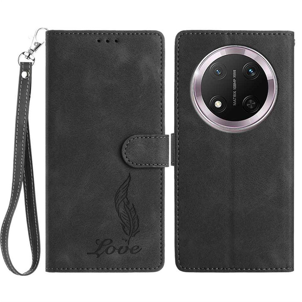 For Honor Magic7 Lite 5G / X9c 5G / X60 Pro 5G Case Imprinted Feather PU Leather Wallet Phone Cover with Wrist Strap