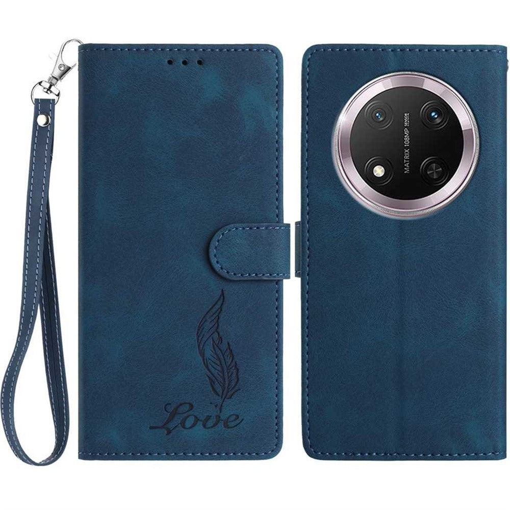 For Honor Magic7 Lite 5G / X9c 5G / X60 Pro 5G Case Imprinted Feather PU Leather Wallet Phone Cover with Wrist Strap