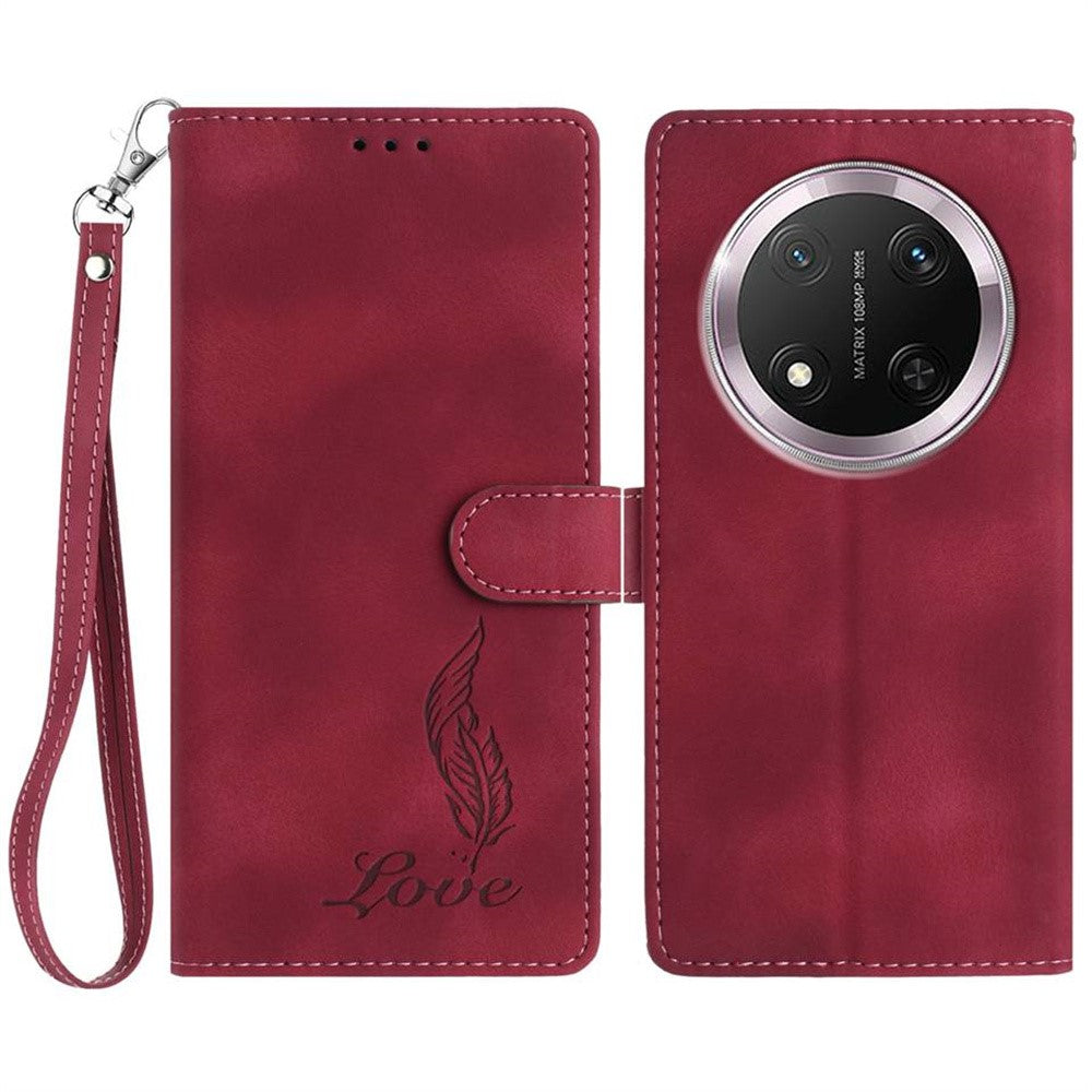 For Honor Magic7 Lite 5G / X9c 5G / X60 Pro 5G Case Imprinted Feather PU Leather Wallet Phone Cover with Wrist Strap
