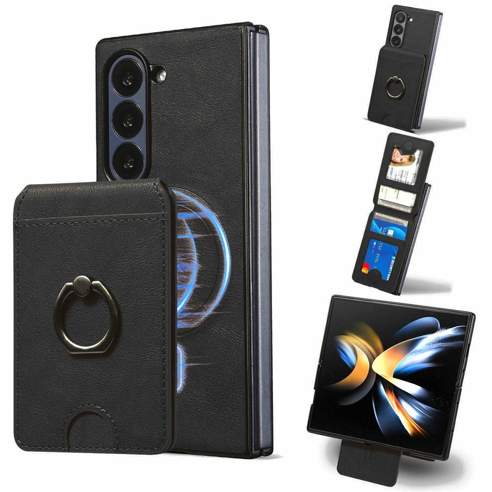 Til Samsung Galaxy Z Fold5 5G magnetisk cover PC + PU telefonbagside med aftagelig kortholder