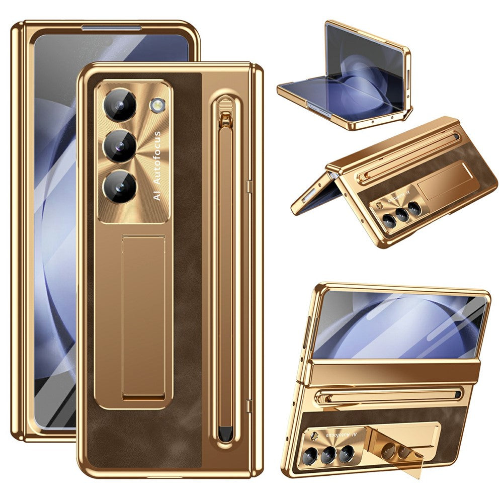 For Samsung Galaxy Z Fold5 5G Case Electroplating Edge PC + PU + Glass Film Phone Cover with Stylus