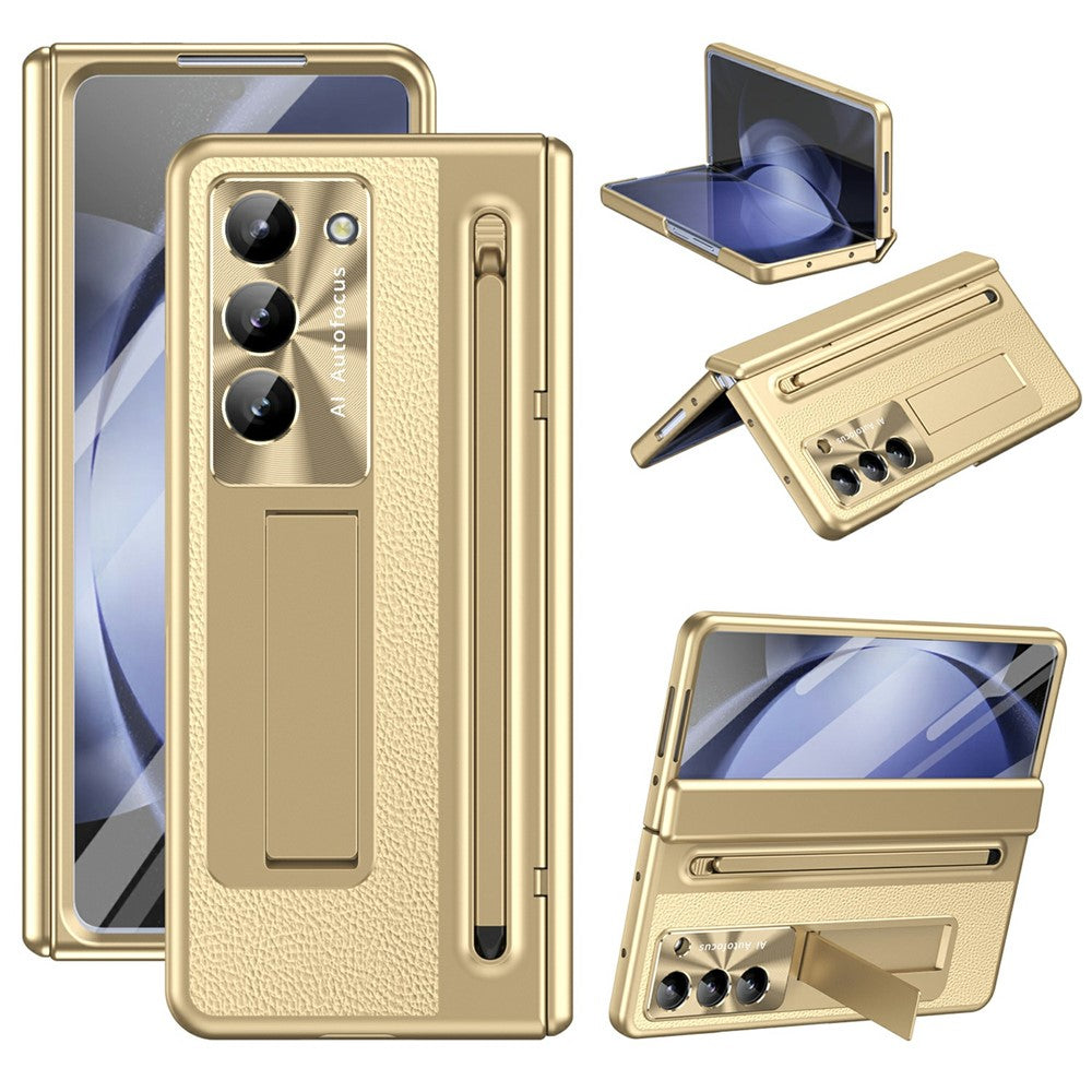 For Samsung Galaxy Z Fold5 5G Case Electroplating Edge PC + PU + Glass Film Phone Cover with Stylus