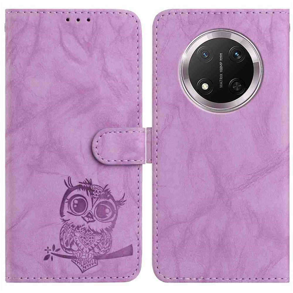 For Honor Magic7 Lite 5G / X9c 5G / X60 Pro 5G Case Owl Imprinted PU Leather Wallet Phone Cover with Wrist Strap