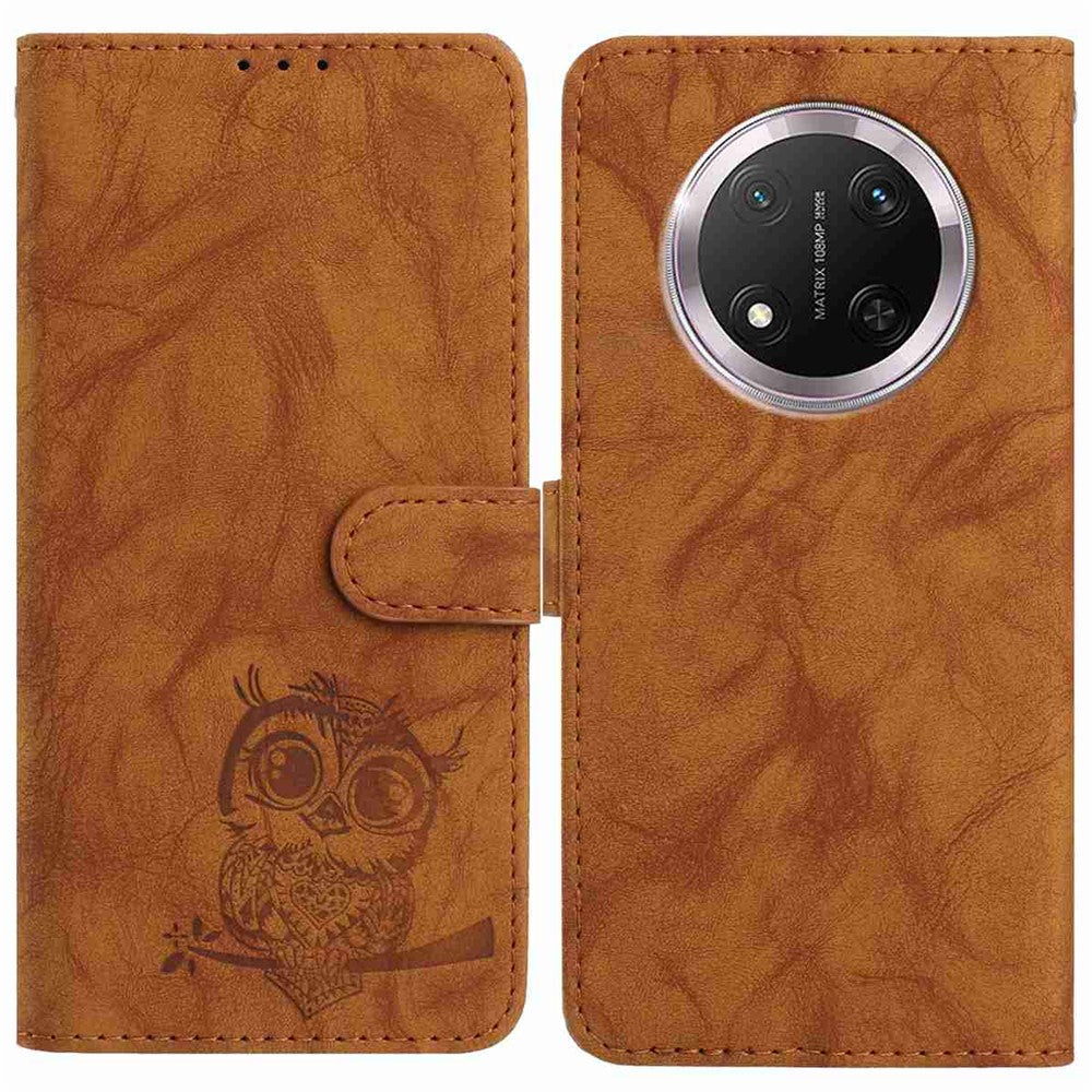 For Honor Magic7 Lite 5G / X9c 5G / X60 Pro 5G Case Owl Imprinted PU Leather Wallet Phone Cover with Wrist Strap