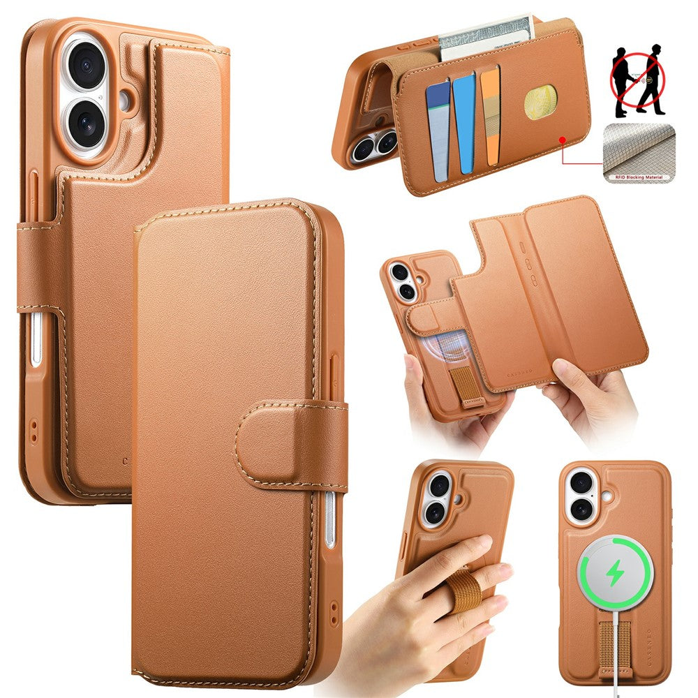 CASENEO For iPhone 16 Plus Magnetic Case RFID Blocking Wallet Detachable Leather Phone Cover with Wristband