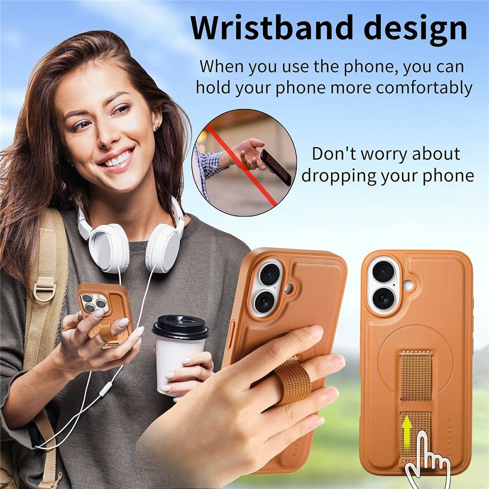 CASENEO For iPhone 16 Plus Magnetic Case RFID Blocking Wallet Detachable Leather Phone Cover with Wristband