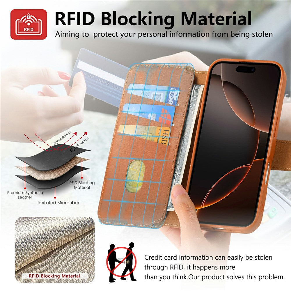 CASENEO For iPhone 16 Plus Magnetic Case RFID Blocking Wallet Detachable Leather Phone Cover with Wristband