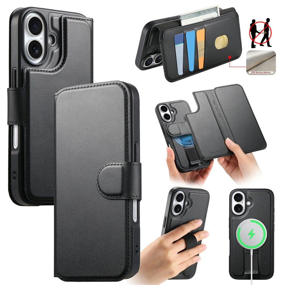 CASENEO For iPhone 16 Plus Magnetic Case RFID Blocking Wallet Detachable Leather Phone Cover with Wristband