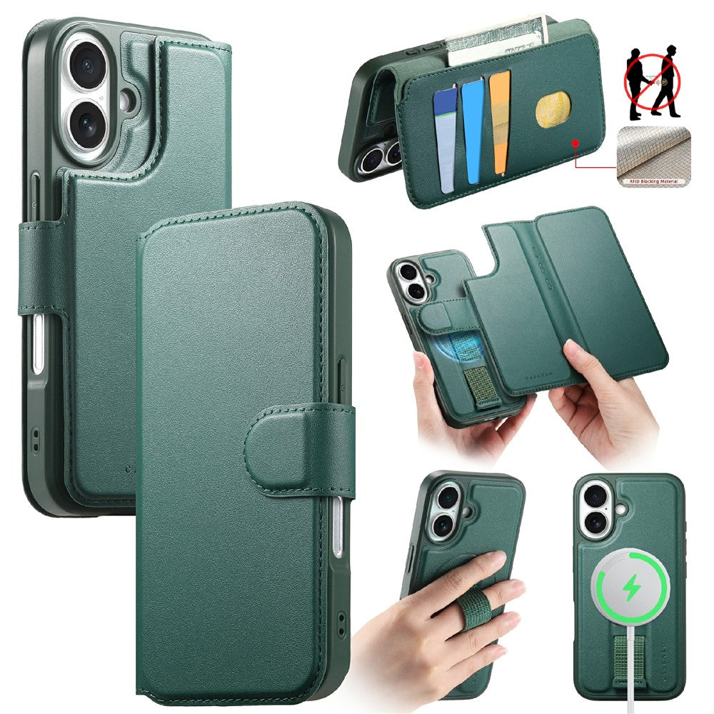 CASENEO For iPhone 16 Plus Magnetic Case RFID Blocking Wallet Detachable Leather Phone Cover with Wristband