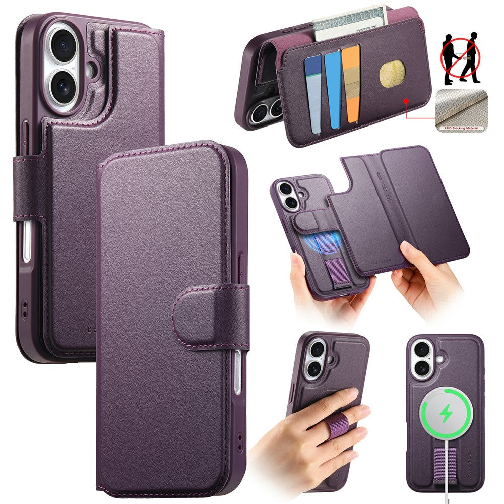 CASENEO For iPhone 16 Plus Magnetic Case RFID Blocking Wallet Detachable Leather Phone Cover with Wristband