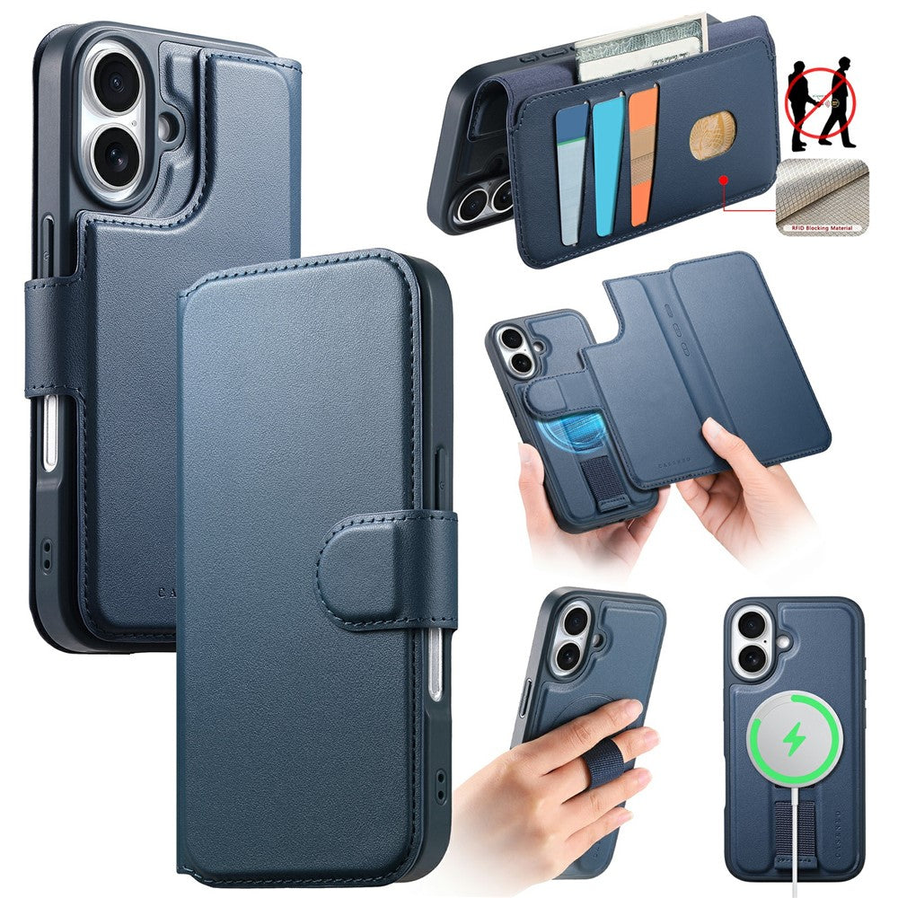 CASENEO For iPhone 16 Plus Magnetic Case RFID Blocking Wallet Detachable Leather Phone Cover with Wristband