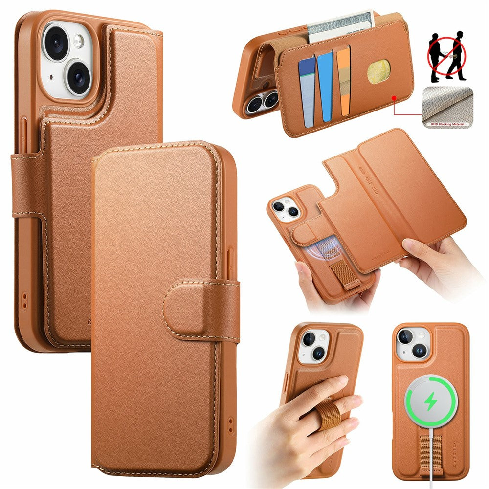 CASENEO For iPhone 15 Magnetic Case RFID Blocking Wallet Detachable Leather Phone Cover with Wristband