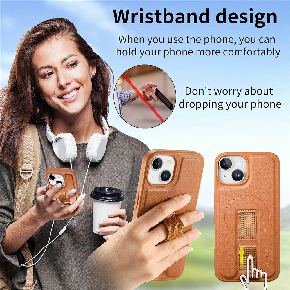 CASENEO For iPhone 15 Magnetic Case RFID Blocking Wallet Detachable Leather Phone Cover with Wristband