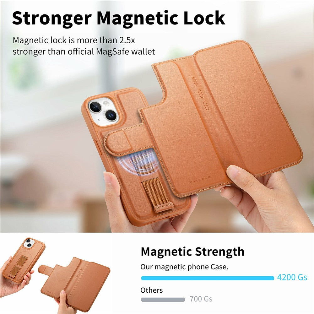 CASENEO For iPhone 15 Magnetic Case RFID Blocking Wallet Detachable Leather Phone Cover with Wristband