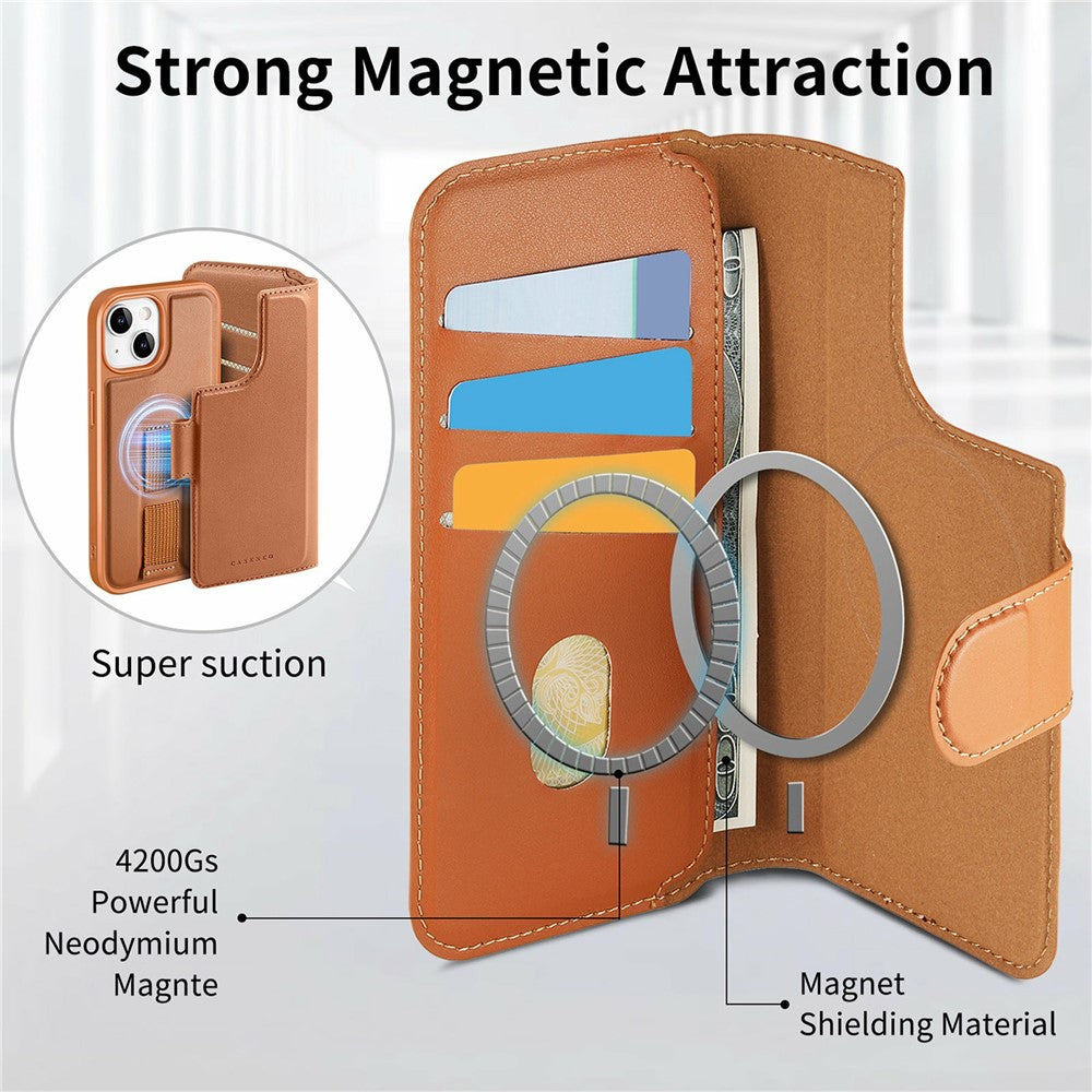CASENEO For iPhone 15 Magnetic Case RFID Blocking Wallet Detachable Leather Phone Cover with Wristband