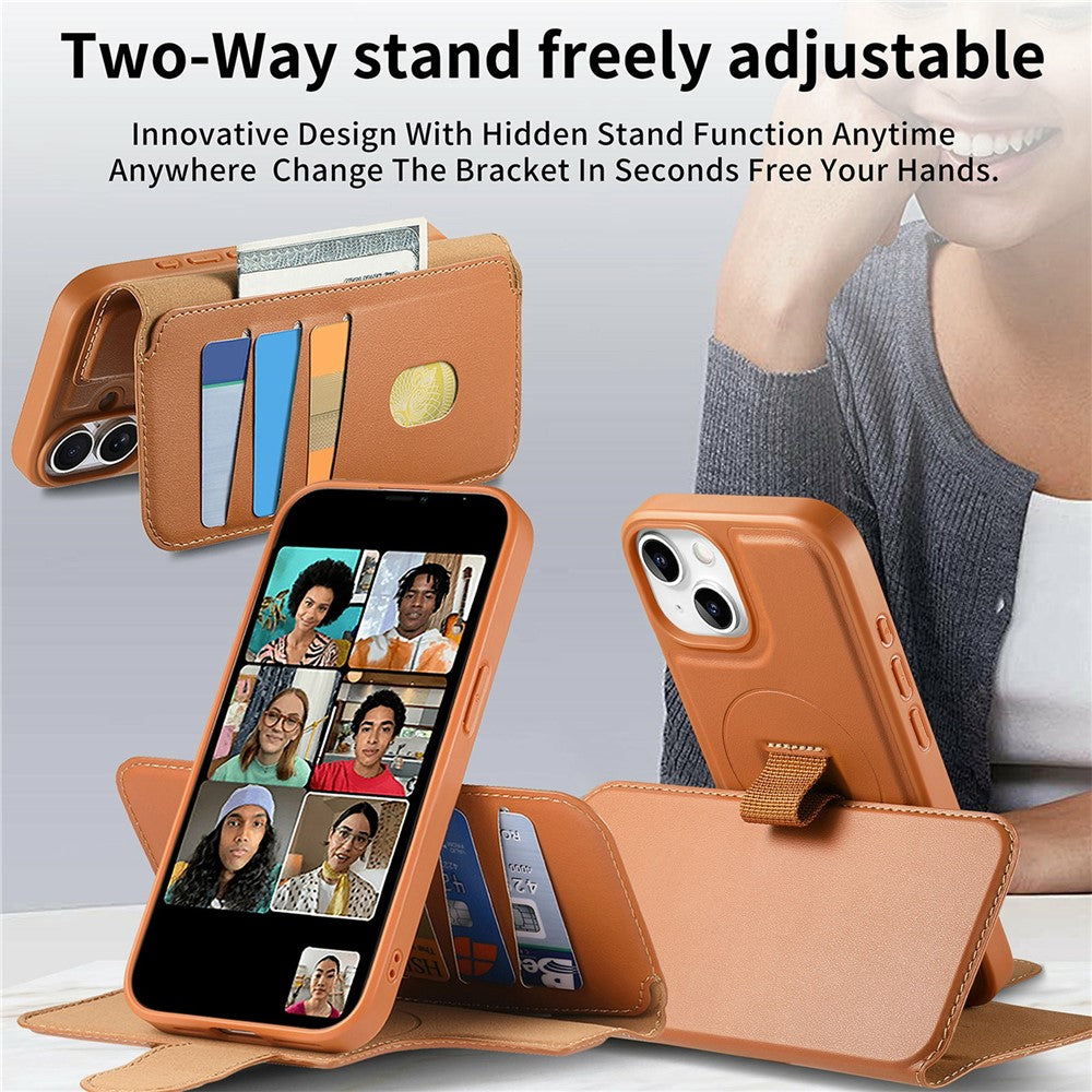 CASENEO For iPhone 15 Magnetic Case RFID Blocking Wallet Detachable Leather Phone Cover with Wristband