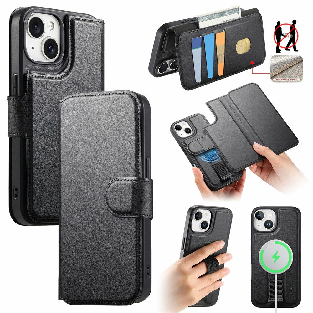CASENEO For iPhone 15 Magnetic Case RFID Blocking Wallet Detachable Leather Phone Cover with Wristband