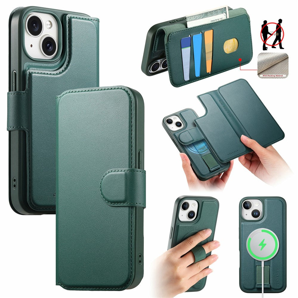 CASENEO For iPhone 15 Magnetic Case RFID Blocking Wallet Detachable Leather Phone Cover with Wristband