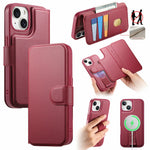 CASENEO For iPhone 15 Magnetic Case RFID Blocking Wallet Detachable Leather Phone Cover with Wristband