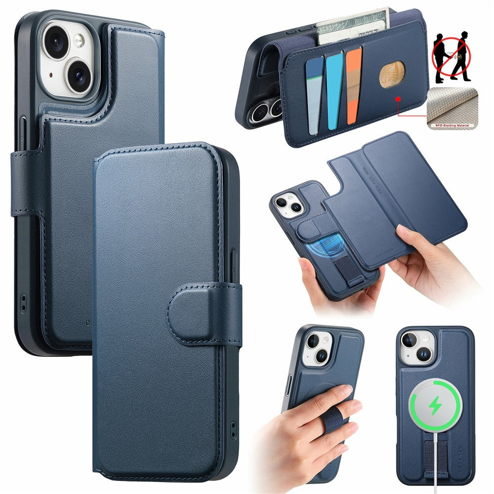 CASENEO For iPhone 15 Magnetic Case RFID Blocking Wallet Detachable Leather Phone Cover with Wristband