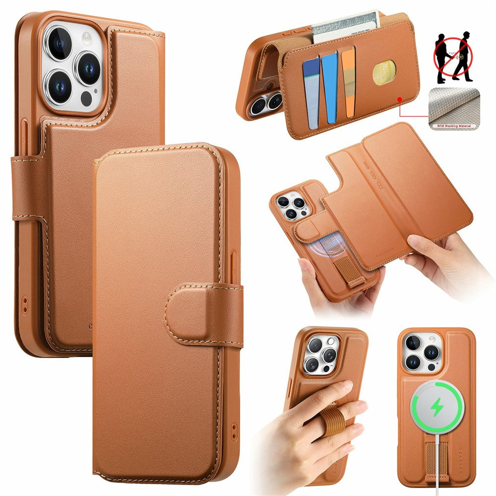 CASENEO For iPhone 14 Pro Max Magnetic Case RFID Blocking Wallet Detachable Leather Phone Cover with Wristband
