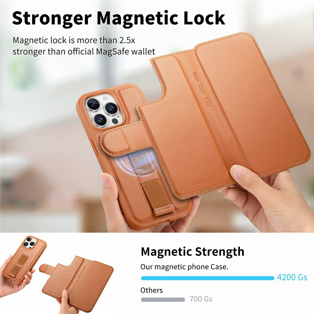 CASENEO For iPhone 14 Pro Max Magnetic Case RFID Blocking Wallet Detachable Leather Phone Cover with Wristband