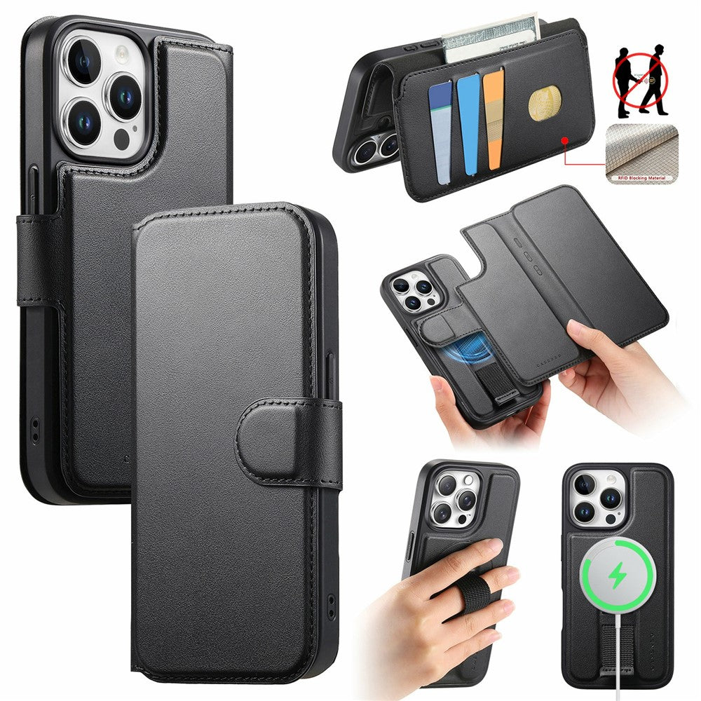 CASENEO For iPhone 14 Pro Max Magnetic Case RFID Blocking Wallet Detachable Leather Phone Cover with Wristband
