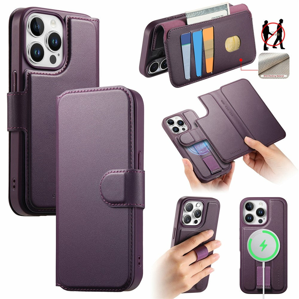 CASENEO For iPhone 14 Pro Max Magnetic Case RFID Blocking Wallet Detachable Leather Phone Cover with Wristband