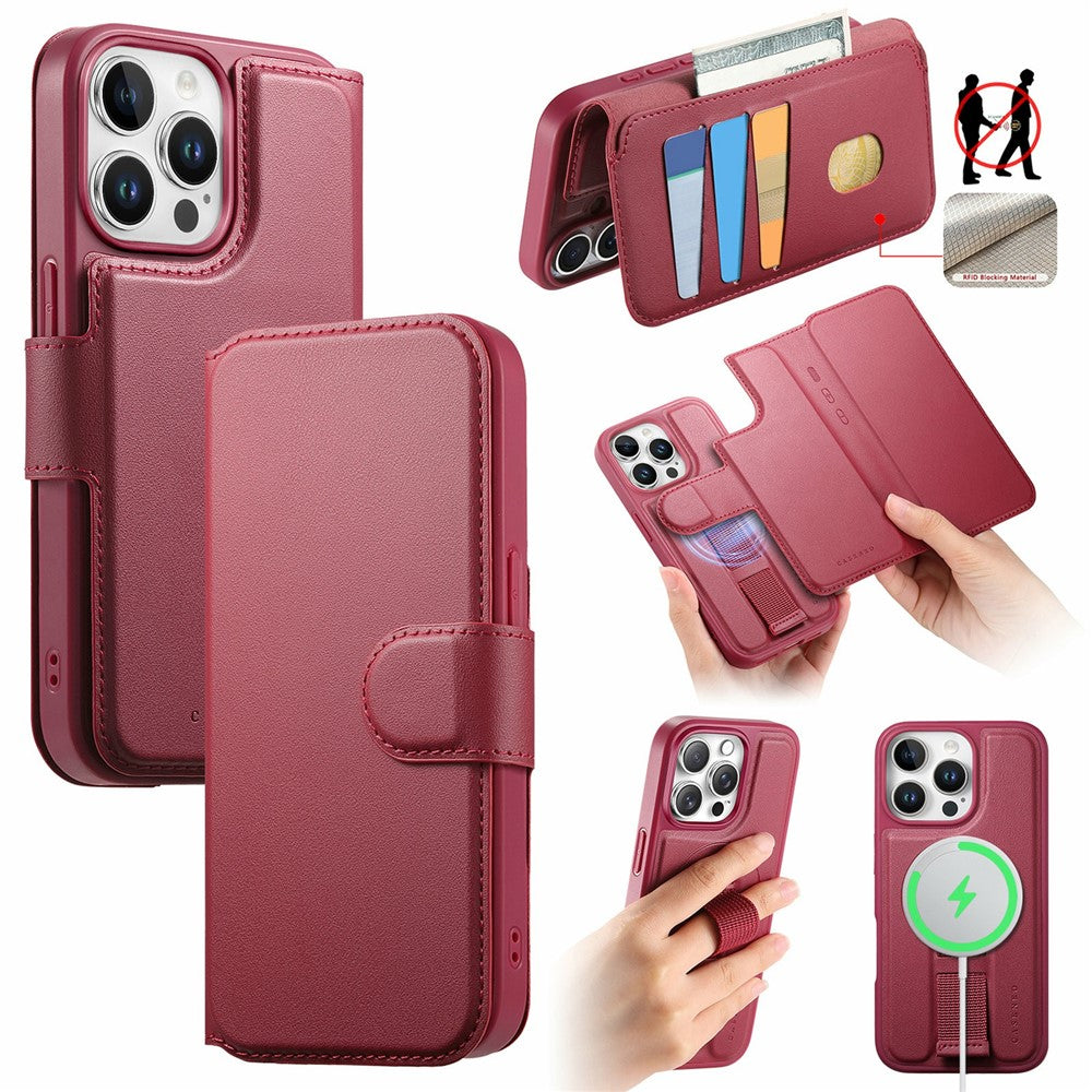 CASENEO For iPhone 14 Pro Max Magnetic Case RFID Blocking Wallet Detachable Leather Phone Cover with Wristband