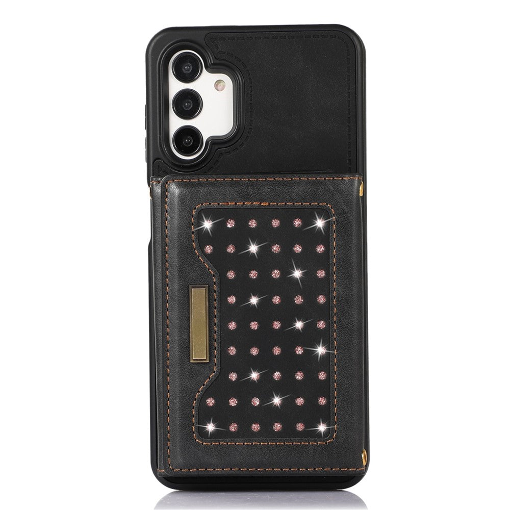 Til Samsung Galaxy A13 4G / 5G Cover med rhinsten, trefoldet pung, RFID-blokerende, støttefunktion, PU-læderbelagt TPU-cover med skulderrem