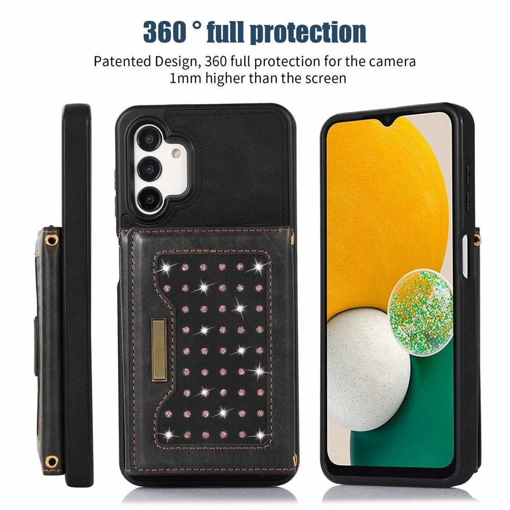 Til Samsung Galaxy A13 4G / 5G Cover med rhinsten, trefoldet pung, RFID-blokerende, støttefunktion, PU-læderbelagt TPU-cover med skulderrem