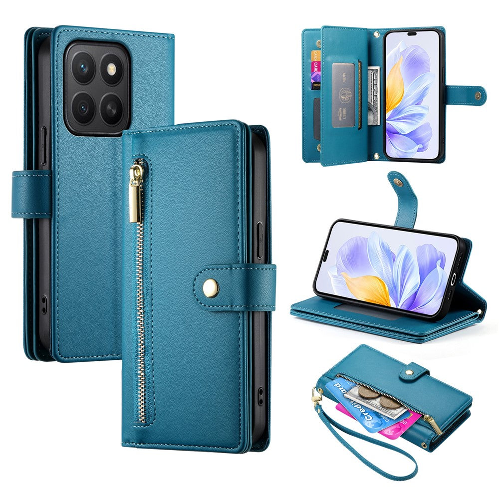 DF-011 For Honor X8c 4G Case Zipper Pocket Wallet Leather Phone Cover with Straps