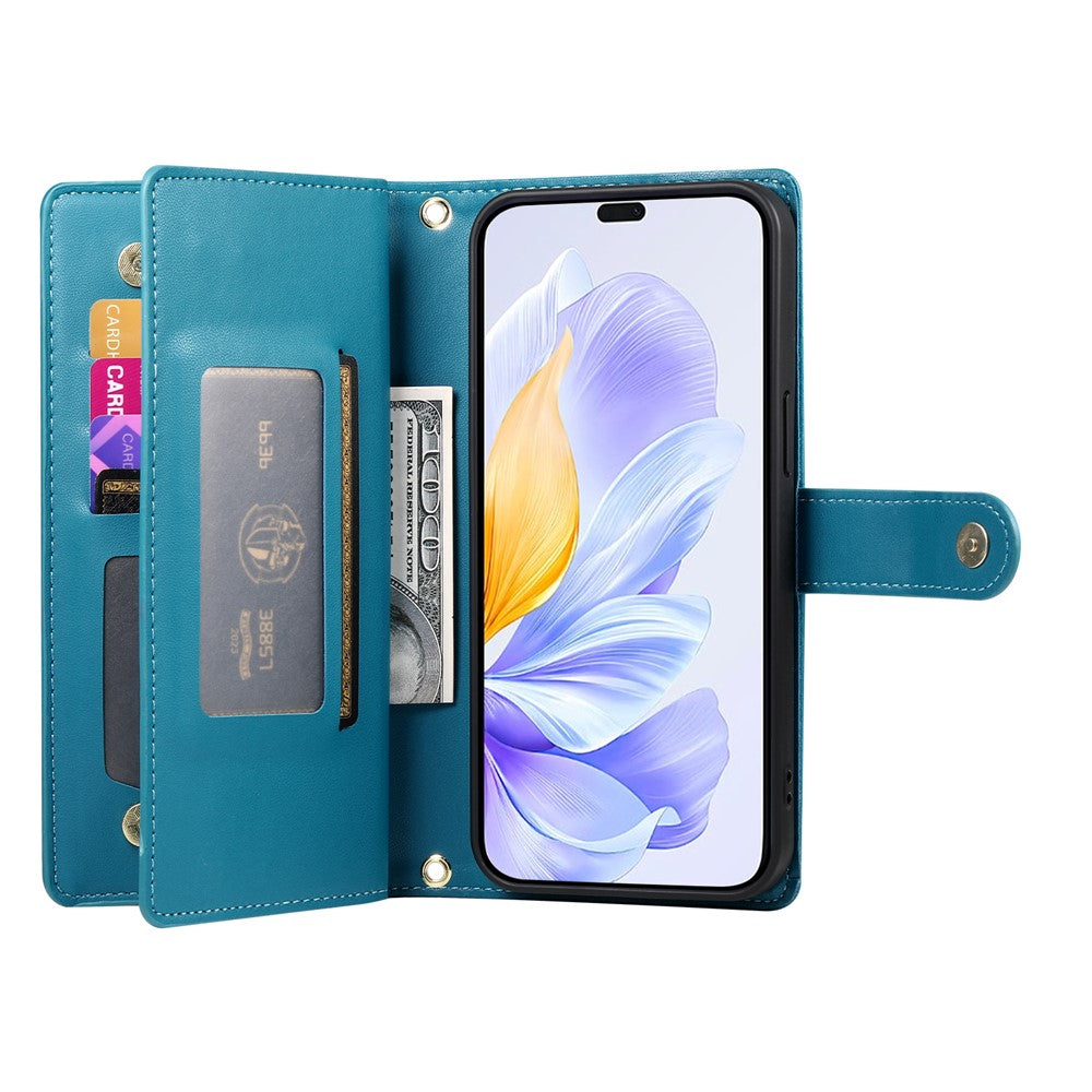 DF-011 For Honor X8c 4G Case Zipper Pocket Wallet Leather Phone Cover with Straps
