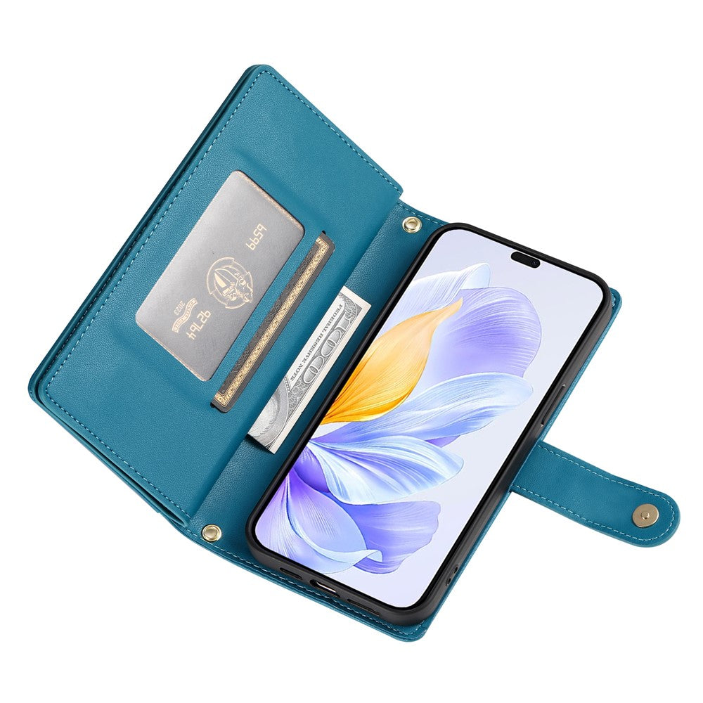 DF-011 For Honor X8c 4G Case Zipper Pocket Wallet Leather Phone Cover with Straps