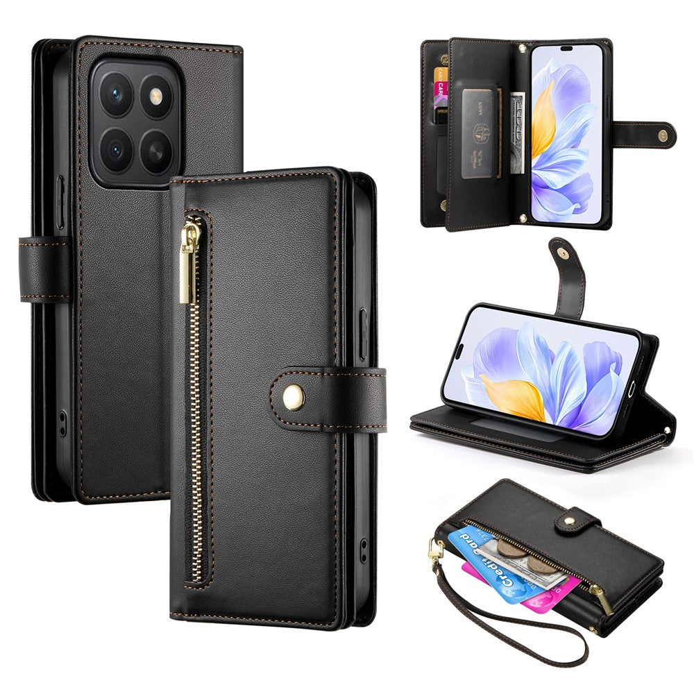 DF-011 For Honor X8c 4G Case Zipper Pocket Wallet Leather Phone Cover with Straps