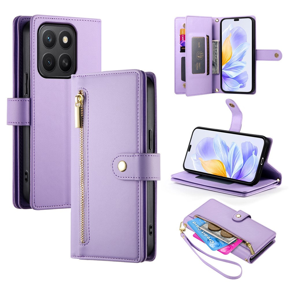 DF-011 For Honor X8c 4G Case Zipper Pocket Wallet Leather Phone Cover with Straps